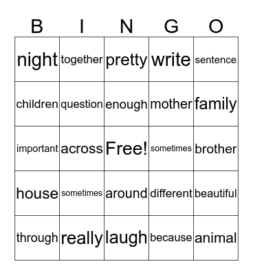 Third Grade Sight Words Bingo Card