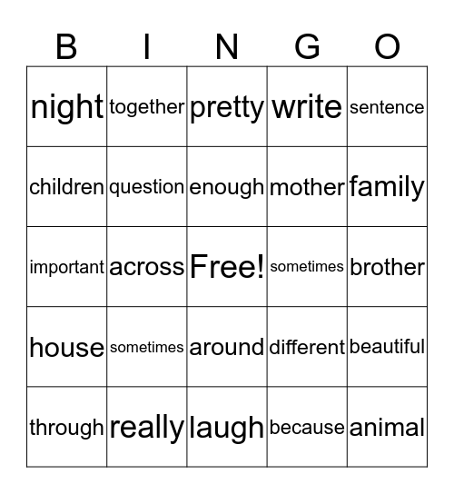 Third Grade Sight Words Bingo Card
