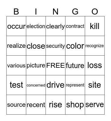 Vocabulary Bingo Card