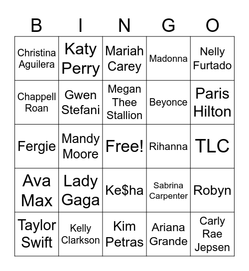 Pop Princess Bingo Card