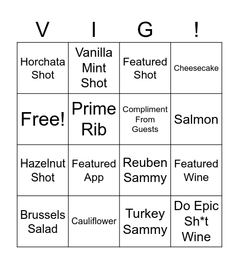 Vig Bingo Card