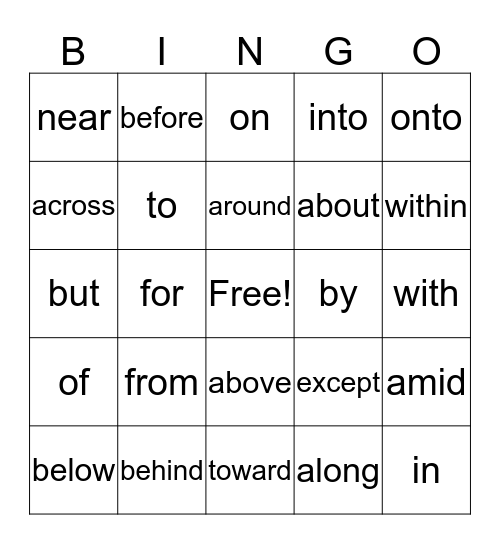 Prepositions Bingo Card