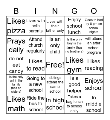 Back to School Bingo Card