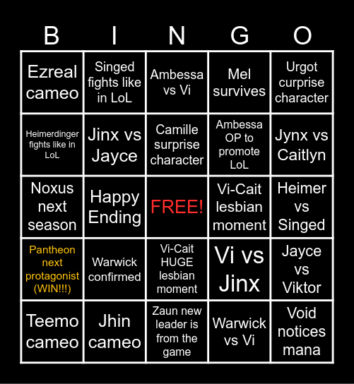 Arcane Season 2 Bingo Card