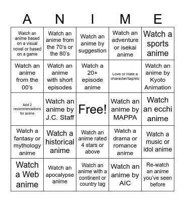 Anime Watching Challenge Bingo Card