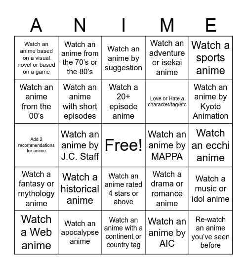 Anime Watching Challenge Bingo Card