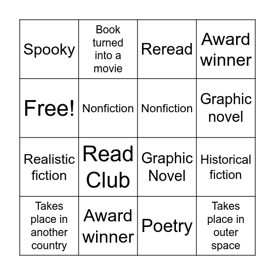 Ada's Reading Bingo Card