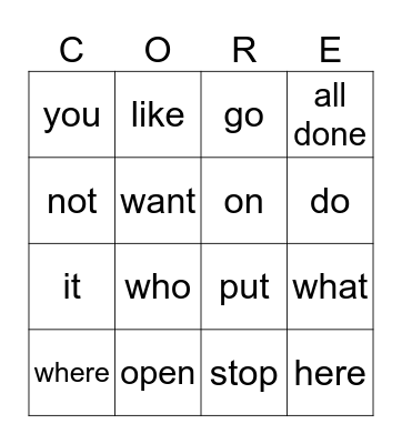 Core Word Bingo Card