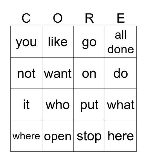 Core Word Bingo Card