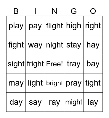IGH and AY Words Bingo Card