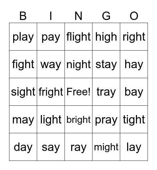 IGH and AY Words Bingo Card