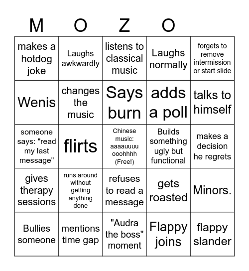 Mozo Stream Bingo Card