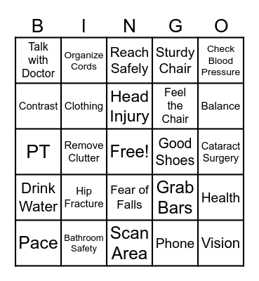 Fall Prevention Bingo Card