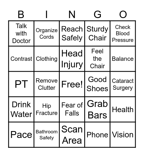 Fall Prevention Bingo Card