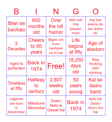 Prabhjeet's 50Th Birthday Celebration Bingo Card