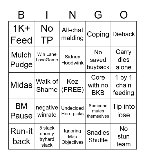 Snadies Dota Bingo Card