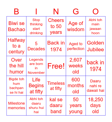 Prabhjeet's 50Th Birthday Celebration Bingo Card