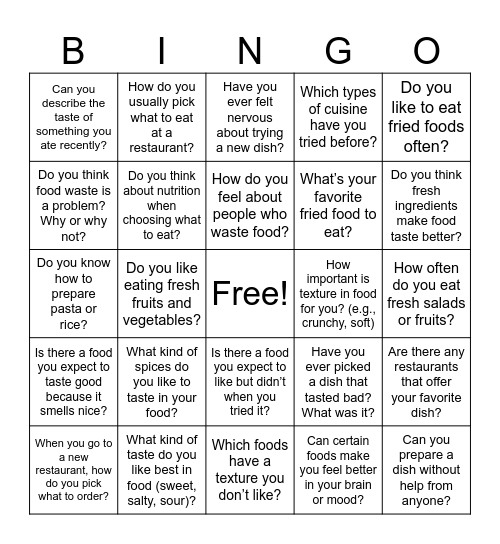 Food Bingo Card