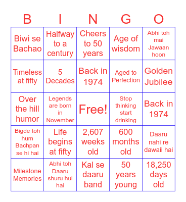 Prabhjeet's 50Th Birthday Celebration Bingo Card
