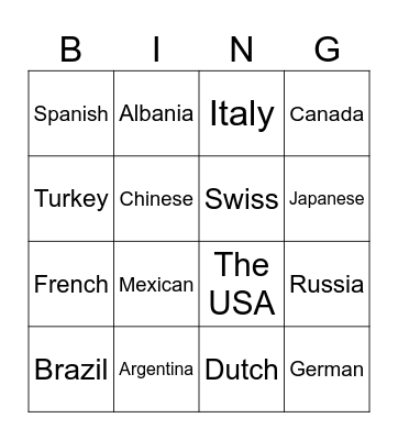 Countries and Nationalities Bingo Card