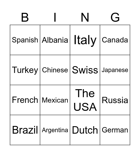 Countries and Nationalities Bingo Card