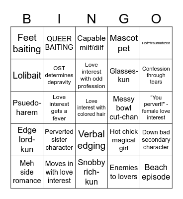 Romance anime/Manga bingo Card