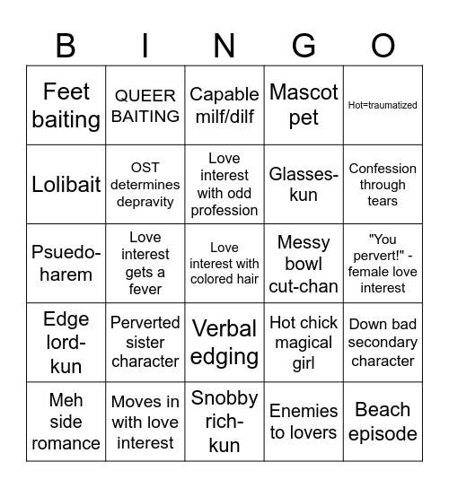 Romance anime/Manga bingo Card