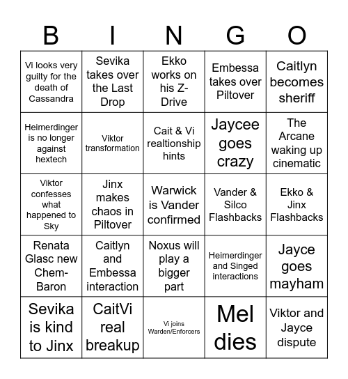 Arcane Season 2 Bingo Card