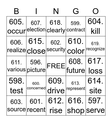 Vocabulary Bingo Card