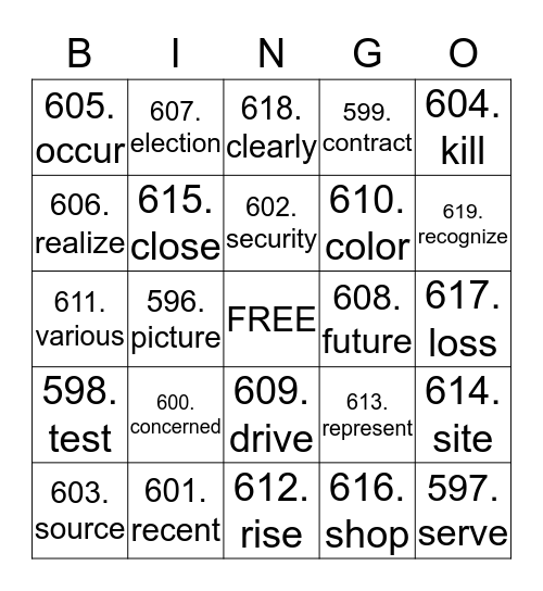 Vocabulary Bingo Card