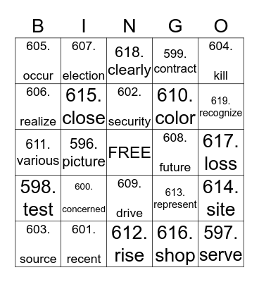 Vocabulary Bingo Card