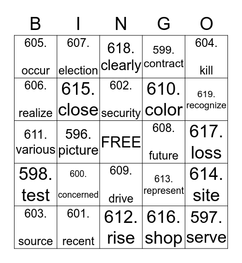 Vocabulary Bingo Card