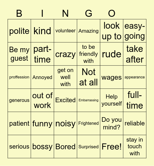 Speakout B1 (unit1) Bingo Card