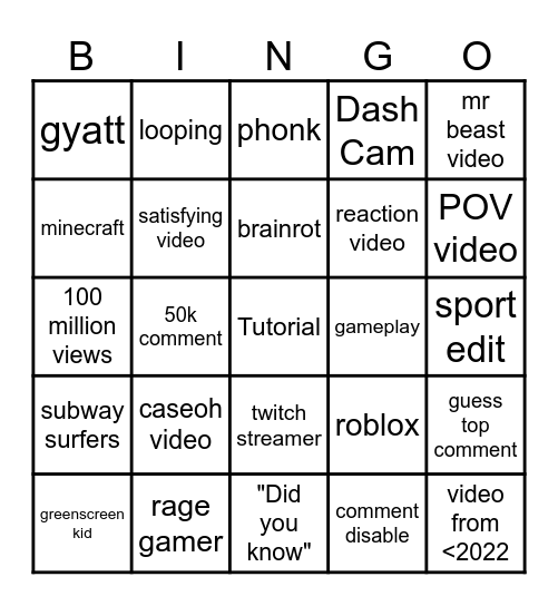 youtube short bingo Card