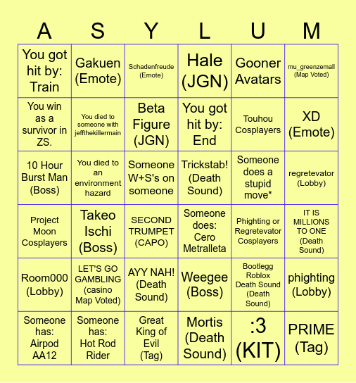 Item Asylum Bingo by Crepe Bingo Card