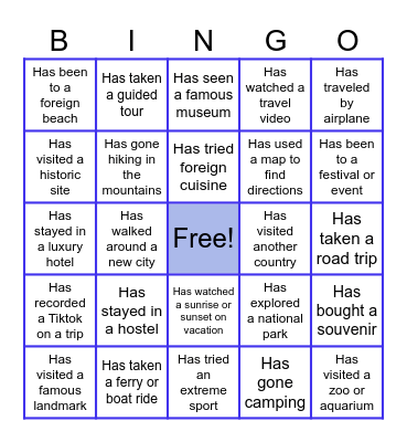 TRAVEL EXPERIENCES BINGO Card