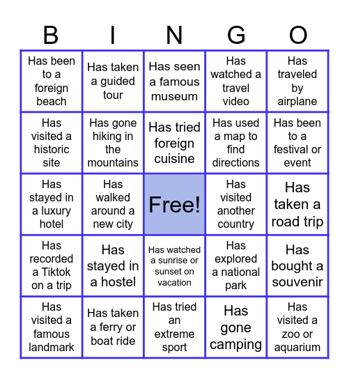 TRAVEL EXPERIENCES BINGO Card