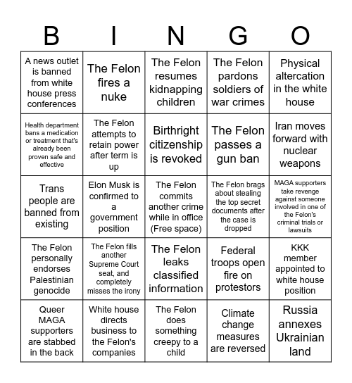 Presidential Felon Bingo Card