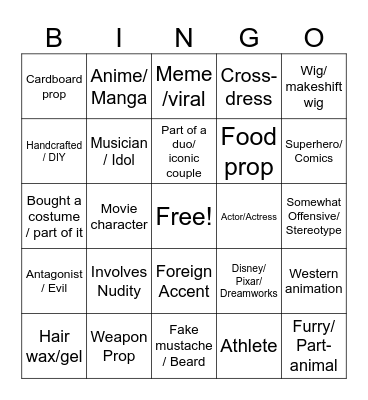 Costume Bingo Card