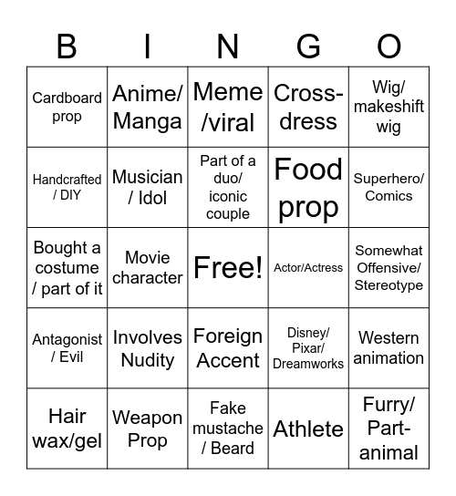 Costume Bingo Card