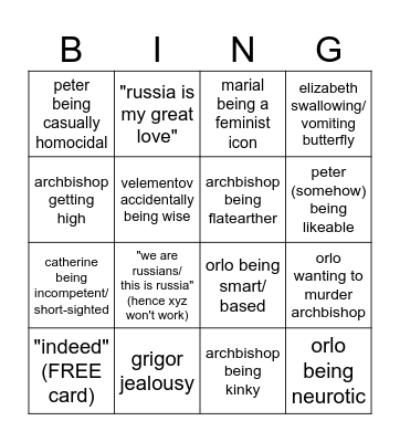 The Great (Tv Series) Bingo Card