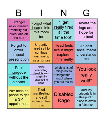 Chronic Illness Bingo Card