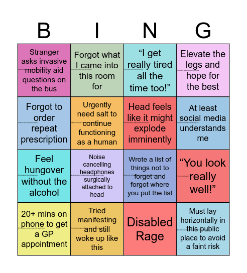 Chronic Illness Bingo Card