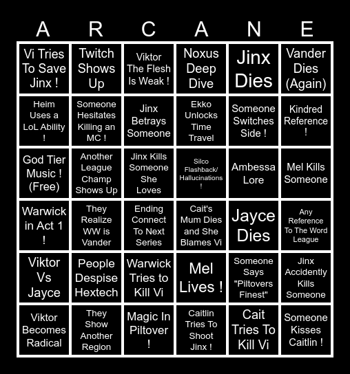 Arcane Season 2 Bingo Card