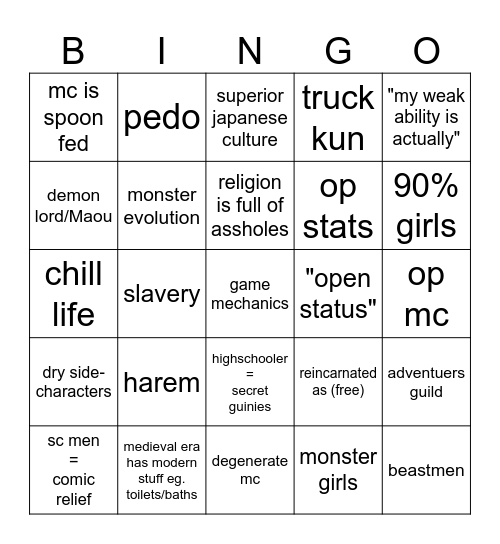 Isekai Bingo Card