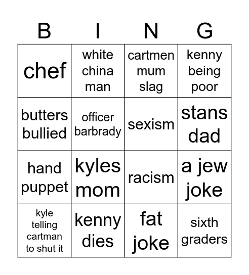 South Park Bingo Card