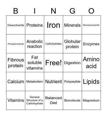 Food and Nutrition Bingo Card