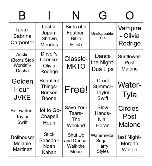 Music Bingo! Bingo Card