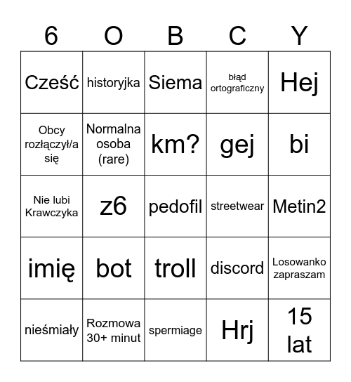 6obcy bingo Card