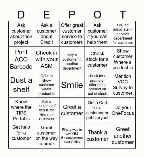 HOME DEPOT Bingo Card